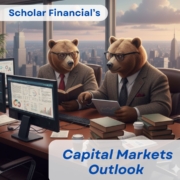 Two brown bears side by side at desks, reviewing stock markets on the computer with many books beside them. A city skyline is in the background.